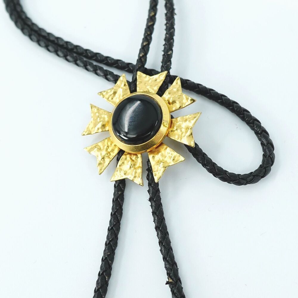 Vintage Bolo Tie Sun Gold Tone Black Rope Edge Cowboy Rodeo Southwestern